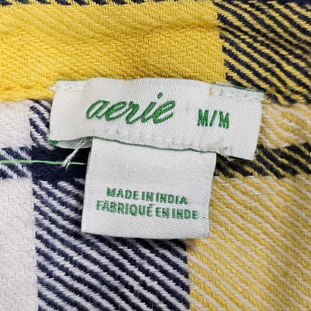 Aerie Plaid Pajama Set Button Up Shirt & Shorts Yellow Blue M Top S Shorts - Picture 3 of 12